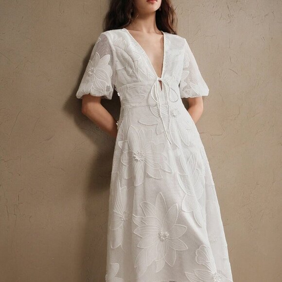 White Elegant Women's Floral Embellished Mid-Sleeve Midi Dress - Picture 4 of 6